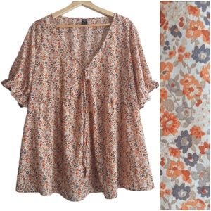 🍒 Boho Ditsy Floral Ruffled Puff Sleeve Light V-Neck Blouse PLUS Sz 2XL